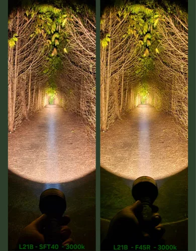 Convoy L21B flashlight with F45R LED, 2760 lumens of output and an approximate 1360 m beam distance, with 4000 K light.