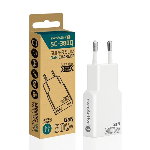 everActive GaN SUPER SLIM SC-380Q wall charger for phone / smartphone with USB QC3.0 and USB-C PD 30W socket