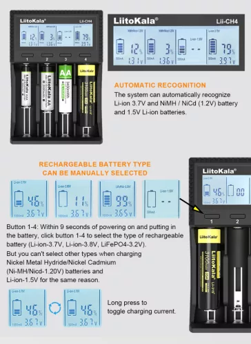 LiitoKala Lii CH4 charger for 1,2 and 1,5 and 3,6 V batteries 