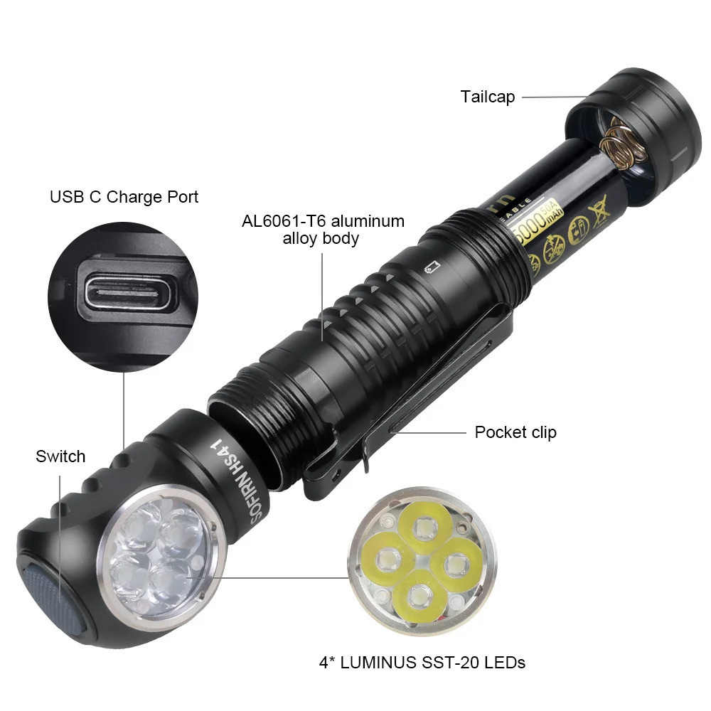 H3 V2.0 21700 5000mah Rechargeable Lithium Ion Battery Powered  High-performance Multi-color Long-range Flashlight, Black
