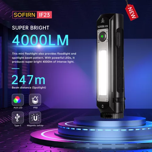 Sofirn IF23 Flashlight 4000lm Powerful XHP50B LED Light 21700 Type C Rechargeable Floodlight and Spotlight Beam RGB Torch