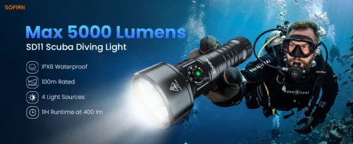Sofirn SD11 Dive Light, 5000LM, CRI 90, Rechargeable Waterproof Flashlight with 660NM Red Light, 3000K-6500K, USB-C, IPX8, with 1/4" Mount, Lanyard, for Underwater Photography, Fishing, Water Work