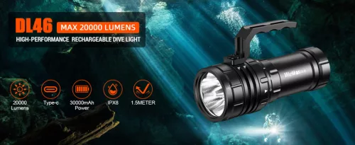 Wurkkos DL46 Diving Flashlight , 20000lm, USB-C Rechargeable, 30000 mAh battery, Power Bank