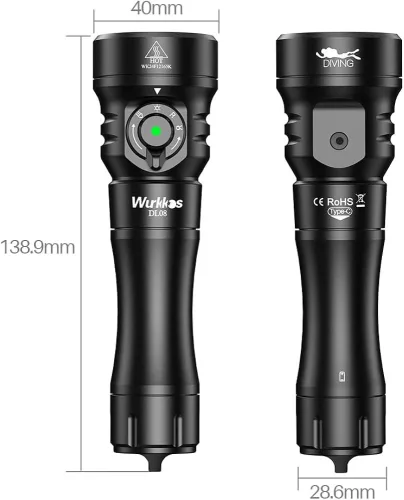【New Release】Wurkkos DL08 3600lm Rechargeable Diving Light with Rotary Magnetic Switch 6500K Underwater Torch IP68