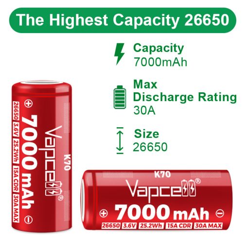 Vapcell 26650 7000mah K70 li-ion battery protected